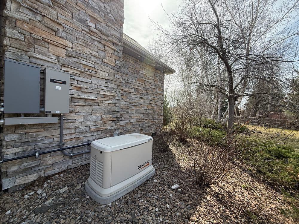Generator beside a stone house with electrical panel and garden landscape in view.
